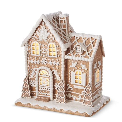 One Holiday Way 12.5-Inch Lighted Brown & White Gingerbread House - Decorative Elegant Light Up Faux Candy Christmas Village House Tabletop Decoration w/Timer Xmas Home Decor | Amazon (US)