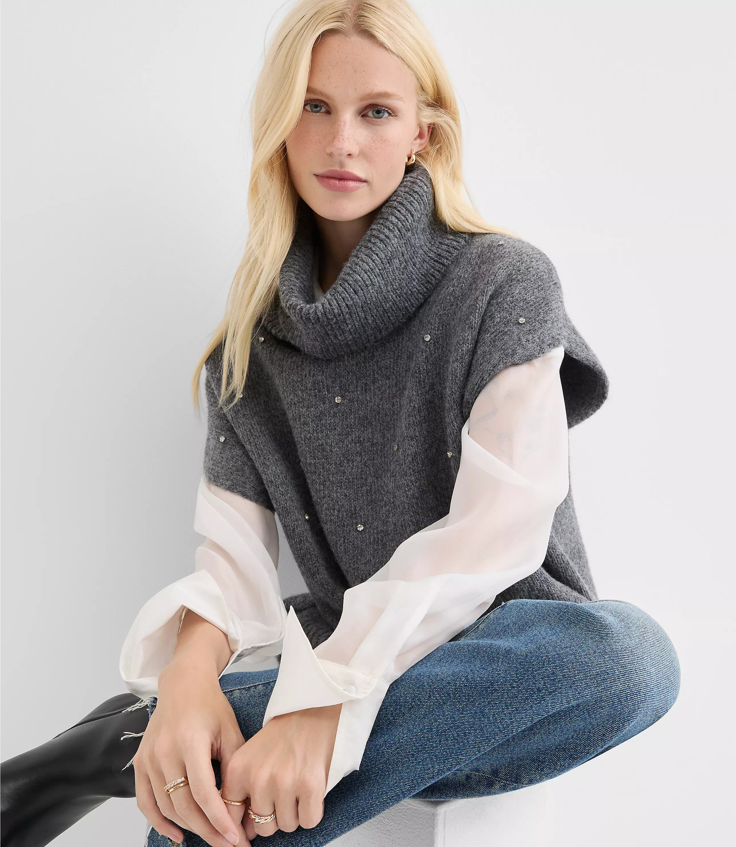 Sparkle Embellished Turtleneck Poncho Sweater | LOFT