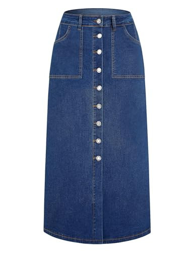 POTILI Denim Maxi Skirt Women Long Jean High Waisted Skirts Slit Button Down Front Blue A Line Stretch with Pockets | Amazon (US)