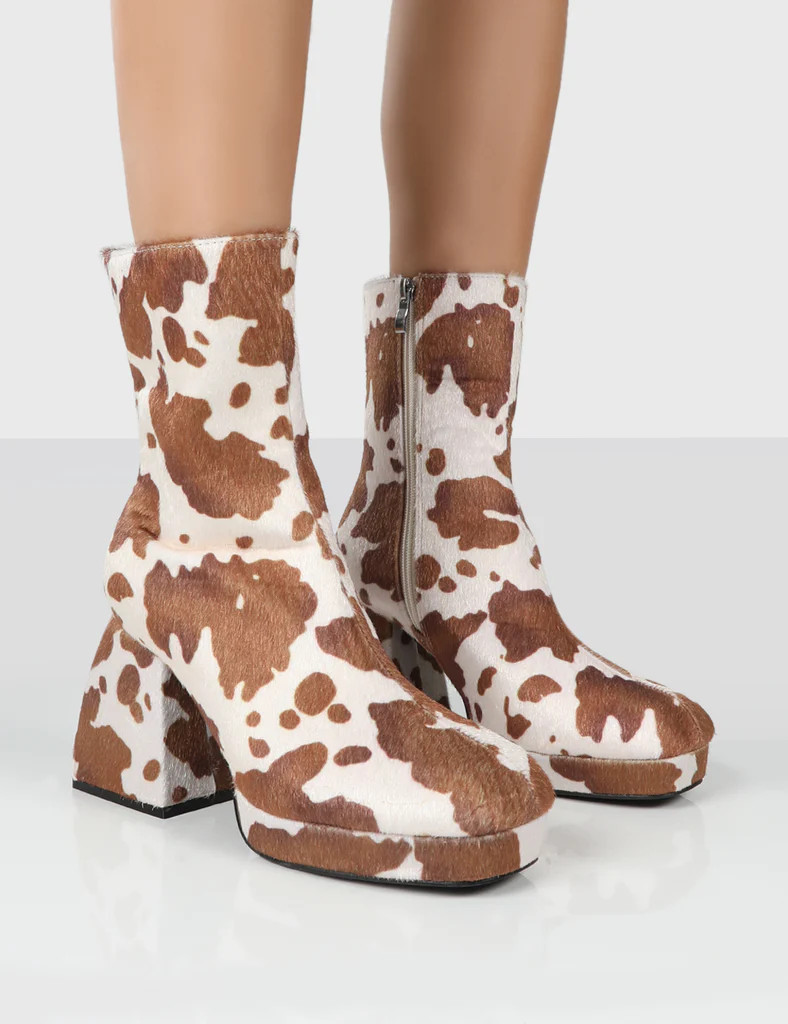 Imagine Wide Fit Brown Cow Print Chunky Heel Ankle Boots | Public Desire
