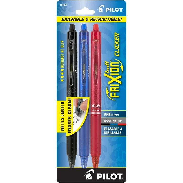 Pilot FriXion Clicker Erasable Gel Pens, Fine Point, Assorted Ink, 3 Count | Walmart (US)