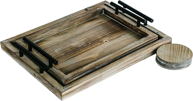 Decorative Ottoman Serving Tray Wooden Rustic (Set of 2) | Black Sleek Metal Handles | 4 Matching... | Amazon (US)
