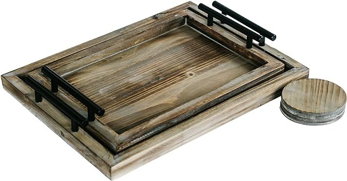 Decorative Ottoman Serving Tray Wooden Rustic (Set of 2) | Black Sleek Metal Handles | 4 Matching... | Amazon (US)