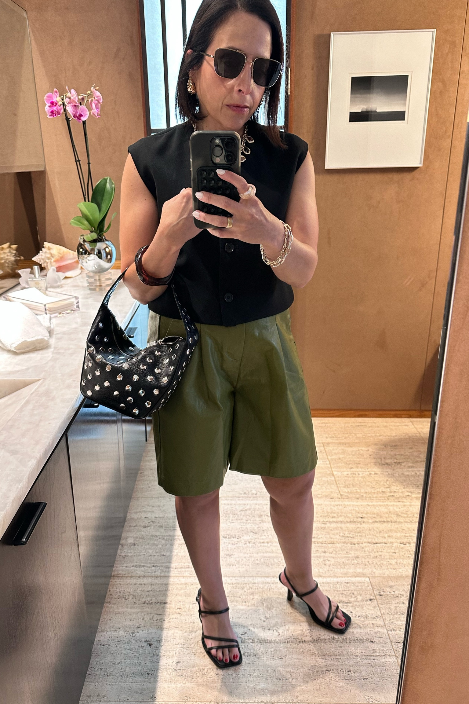 Fall colors in summer weather - leather Bermuda shorts make for great transitional weather looks! 

#LTKover40 #LTKfindsunder50 #LTKSeasonal