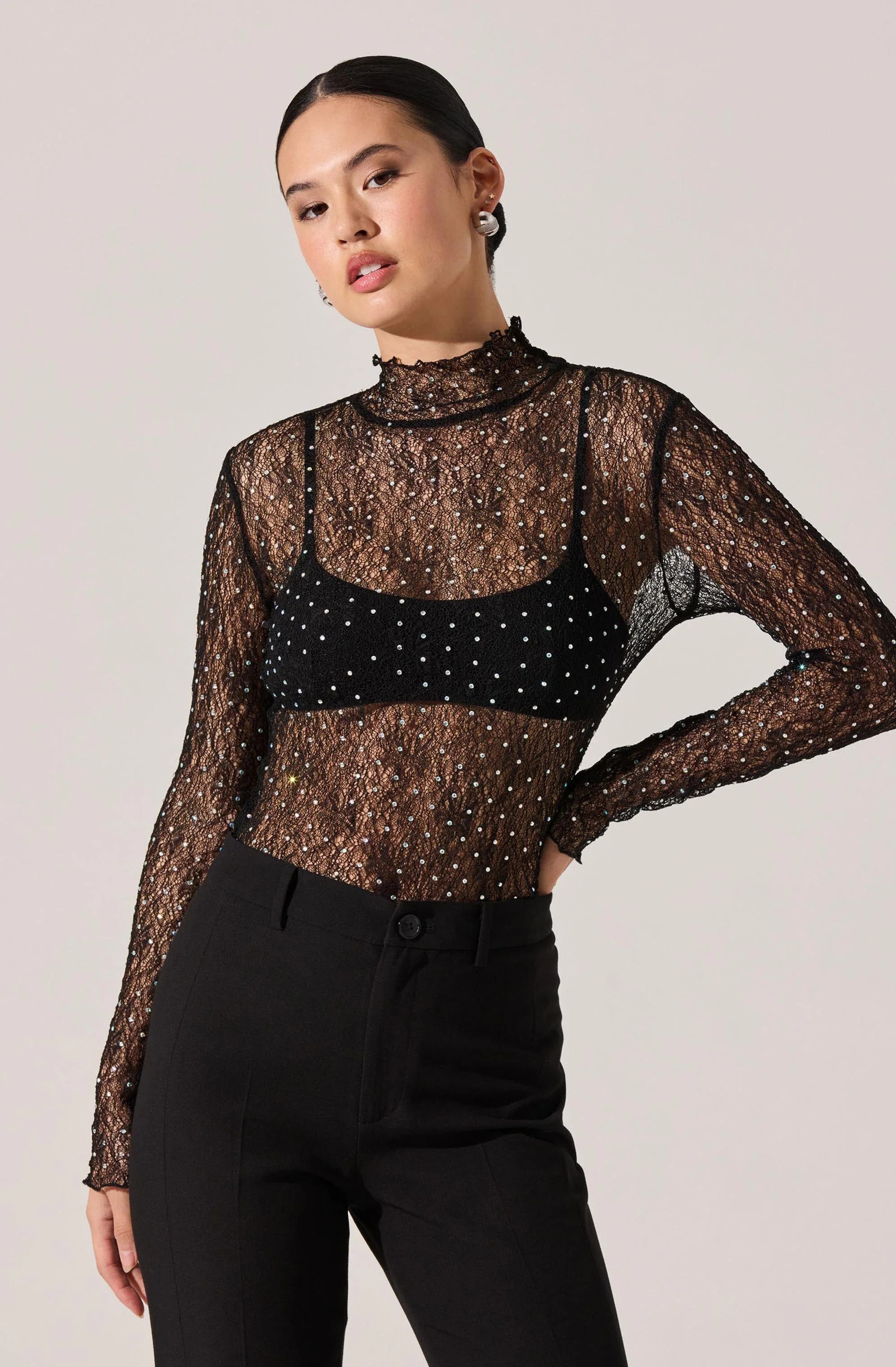 Kyra Rhinestone Lace Top - Black / XS | ASTR The Label (US)