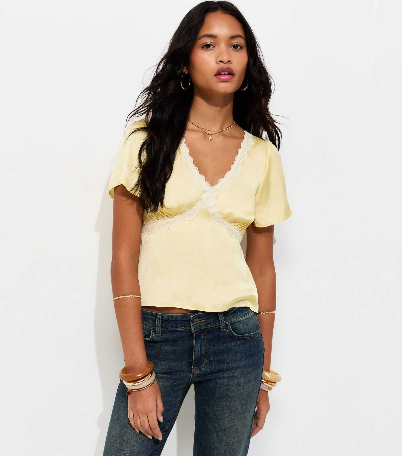 Light Yellow Lace Trim Flutter Sleeve Satin Tea Top | New Look | New Look (UK)