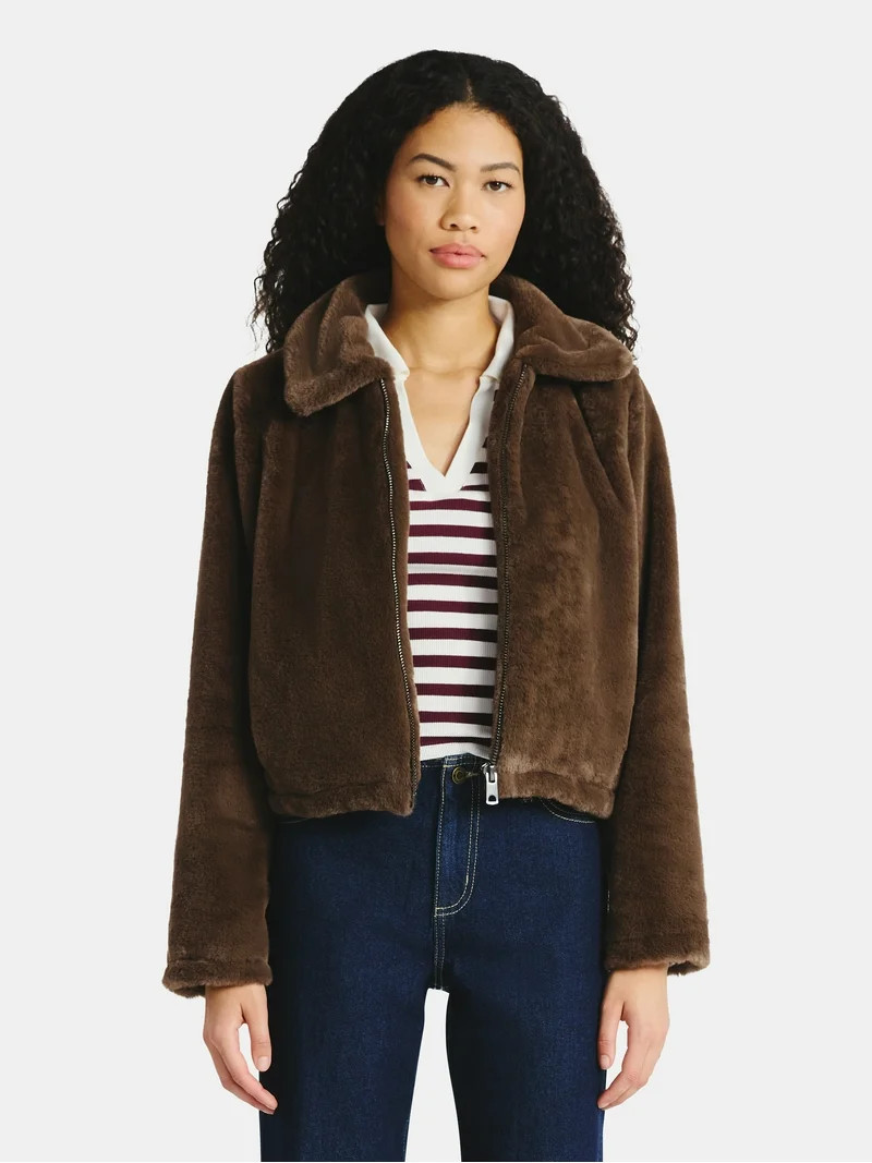 No Boundaries Faux Fur Jacket, Women's | Walmart (US)