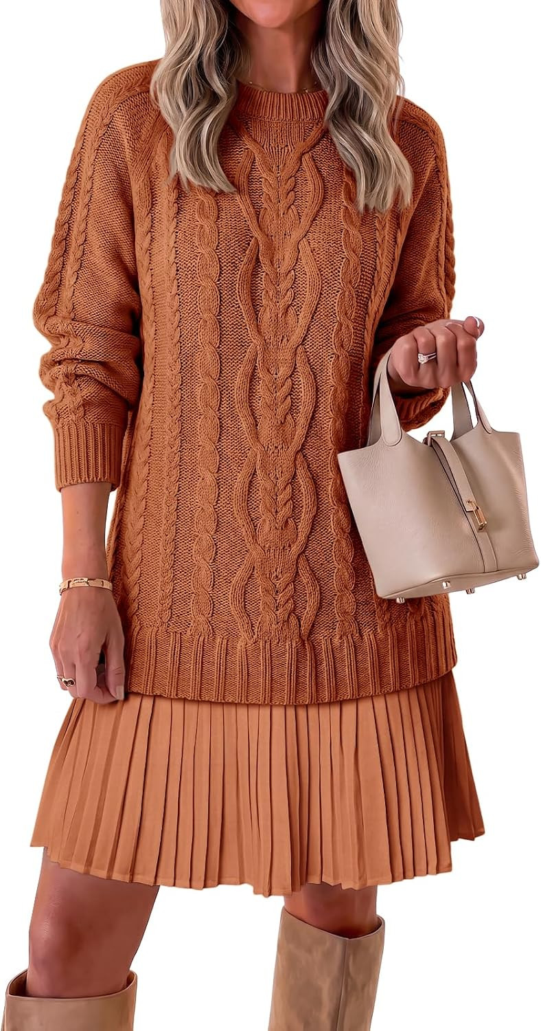 Saodimallsu Womens Cable Knit Sweater Dress Patchwork Pleated Long Sleeve Crewneck Fall Chunky Preppy Mini Dresses | Amazon (US)