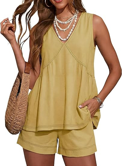 Hooever Women's 2 Piece Outfits Sleeveless V Neck Ruffle Sets Summer Contrast Stitching Tunic Top... | Amazon (US)
