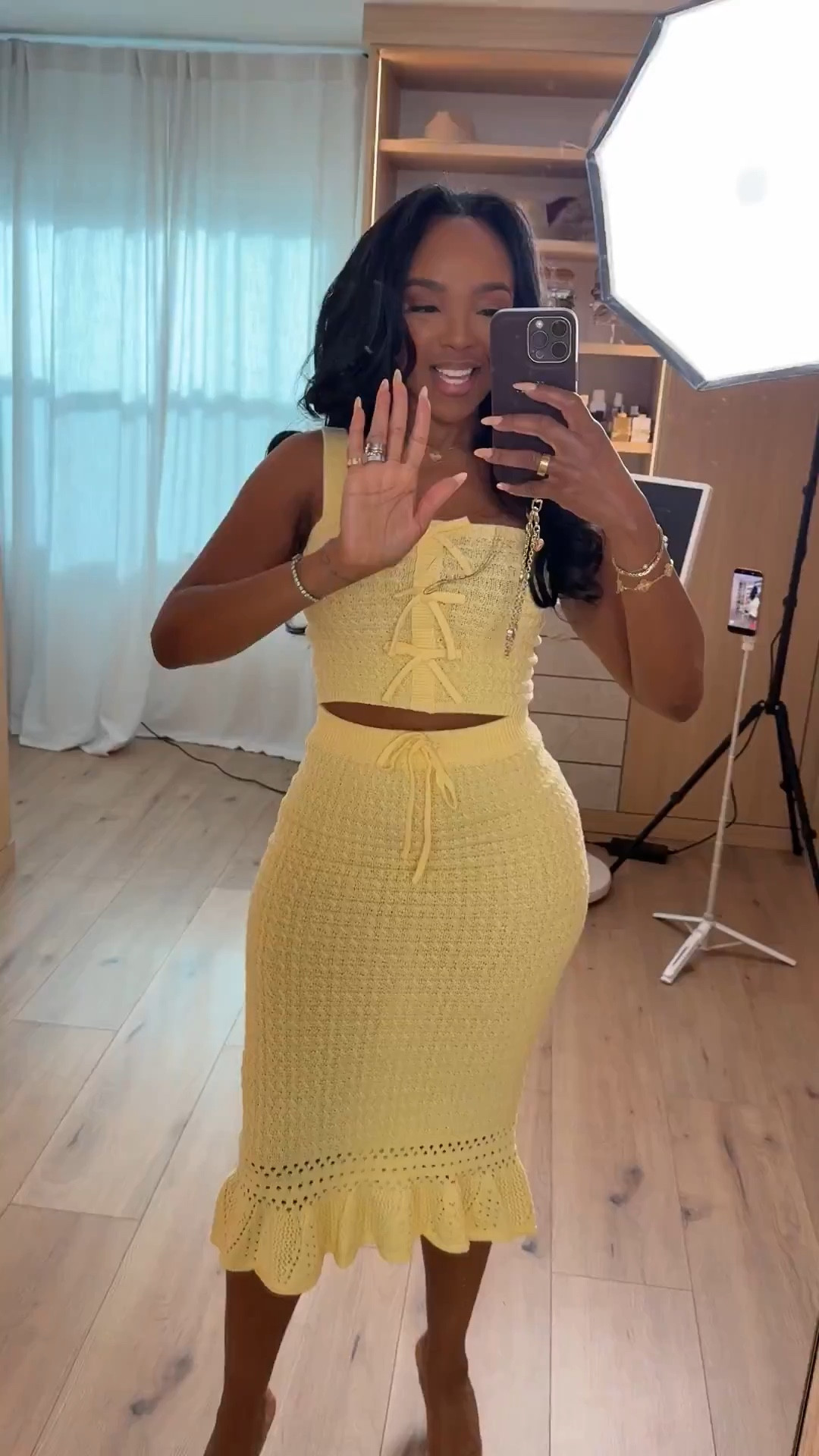 Scroll to shop this cheerful yellow two-piece set that’s perfect for sunny days. The textured knit, lace-up detail, and flattering midi skirt create a playful yet polished look that feels effortless while still standing out.

Perfect for brunch, vacation outfits, summer days, beach dinners, and warm-weather getaways.

5'4" | 138 lbs | 34D bust | 27" waist | 40" hips 

#LTKootd #LTKSpringSale #LTKvlog

#LTKgrwm #LTKootd #LTKMidsize