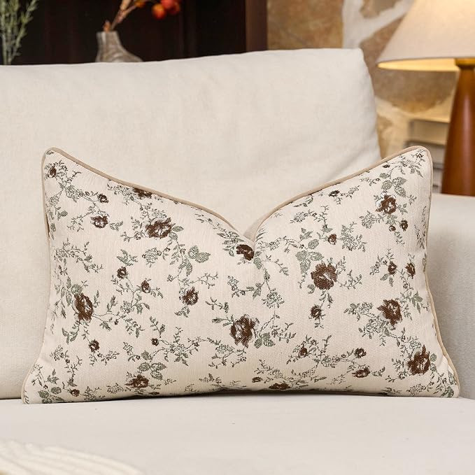 Spring Flower Lumbar Throw Pillow Cover 12x20 Inch Beige Vintage Floral Pillow Cover Farmhouse Cu... | Amazon (US)