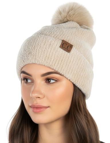 Funky Junque Fluffy Chenille Beanie Hat for Women, Super Soft Warm Winter Cap with Oversized Faux Fur Pom Pom, One Size Fits Most - Beige | Amazon (US)