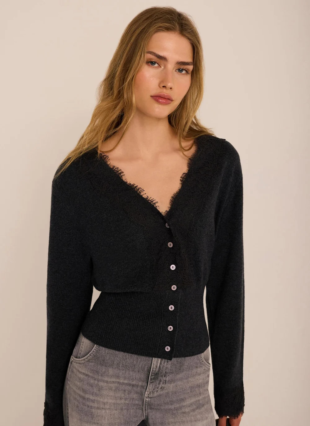 Grey Lace Trim Cardigan | Mint Velvet