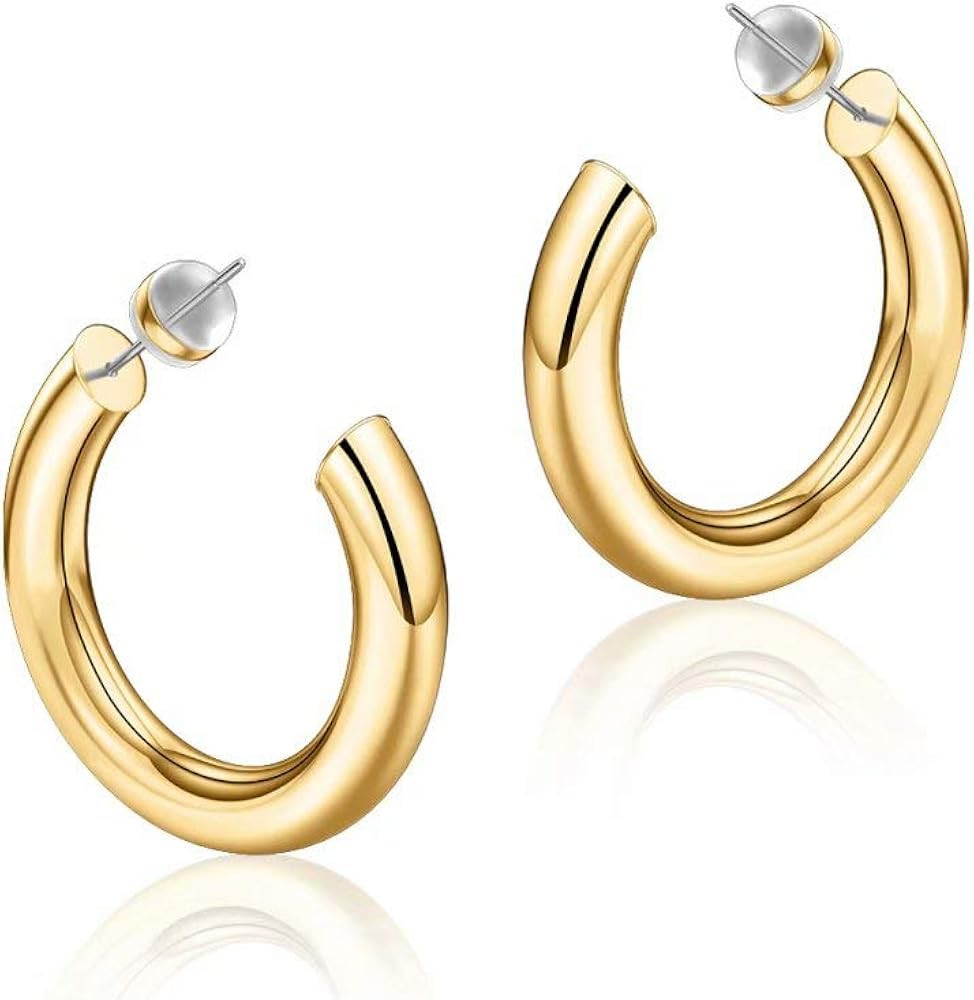 Hoop Earrings for Women - 14K Gold Plated Lightweight Chunky Open Hoops 316L Surgical Stainless S... | Amazon (US)