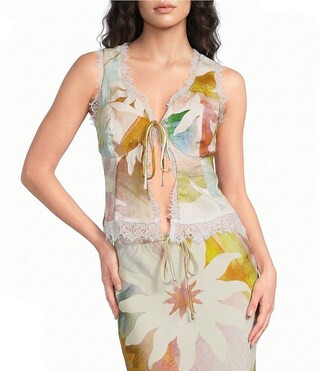Maisie Abstract Soleil V-Neck Sleeveless Lace Trim Tie Front Coordinating Top | Dillard's