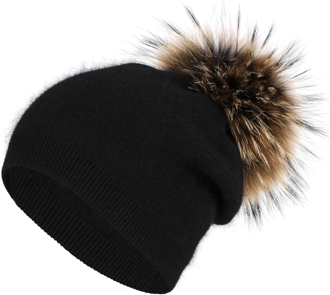 Thick Double Layer Cashmere Beanie - Big Real Raccoon Fur Pom Pom Hat - Winter Slouchy Beanie Wom... | Amazon (US)
