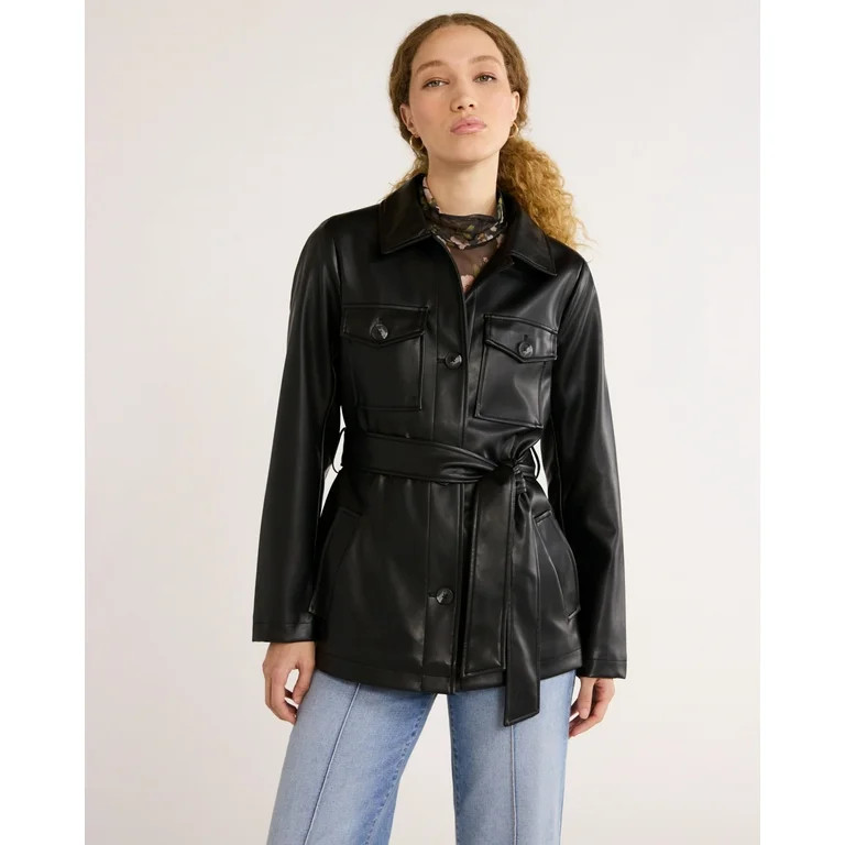 Time and Tru Women's and Women's Plus Faux Leather Cropped Belted Trench, Sizes XS-3X | Walmart (US)