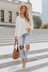 Oversized Ivory Split Hem V-Neck Sweater | Magnolia Boutique