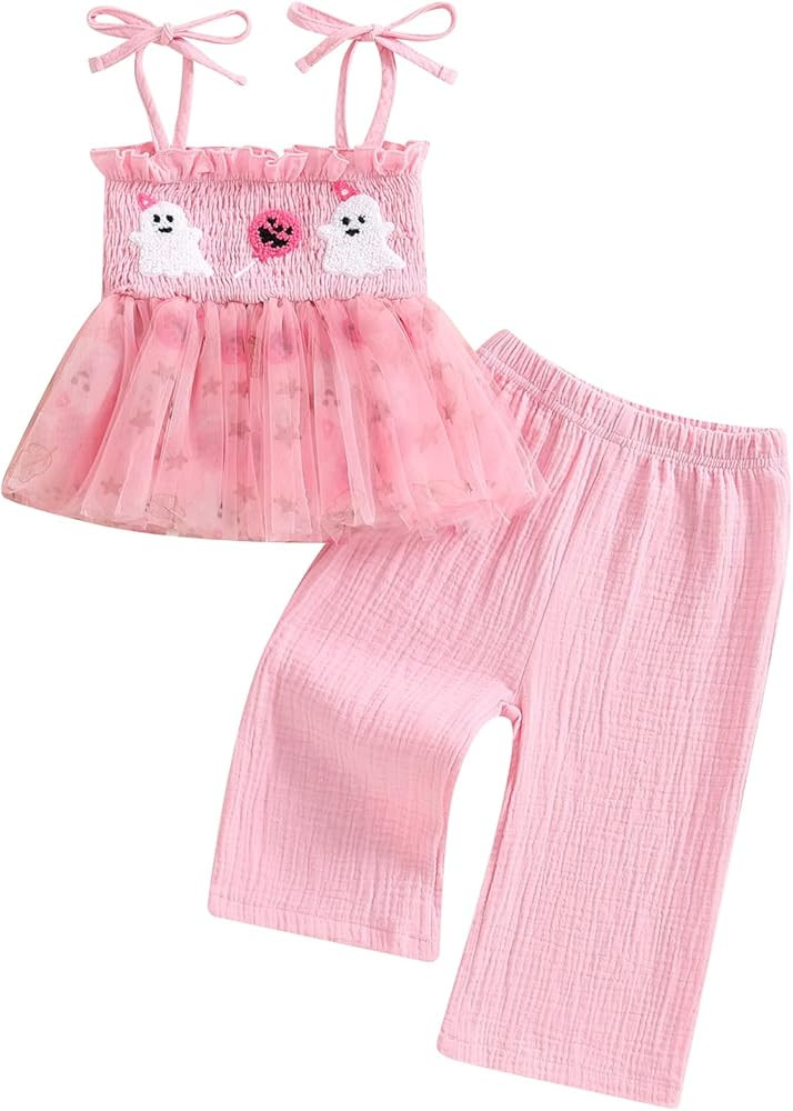 Halloween Baby Girl Outfit Smocked Pumpkin Patch Tank Top Gingham Plaid Pants Set Toddler Girls F... | Amazon (US)