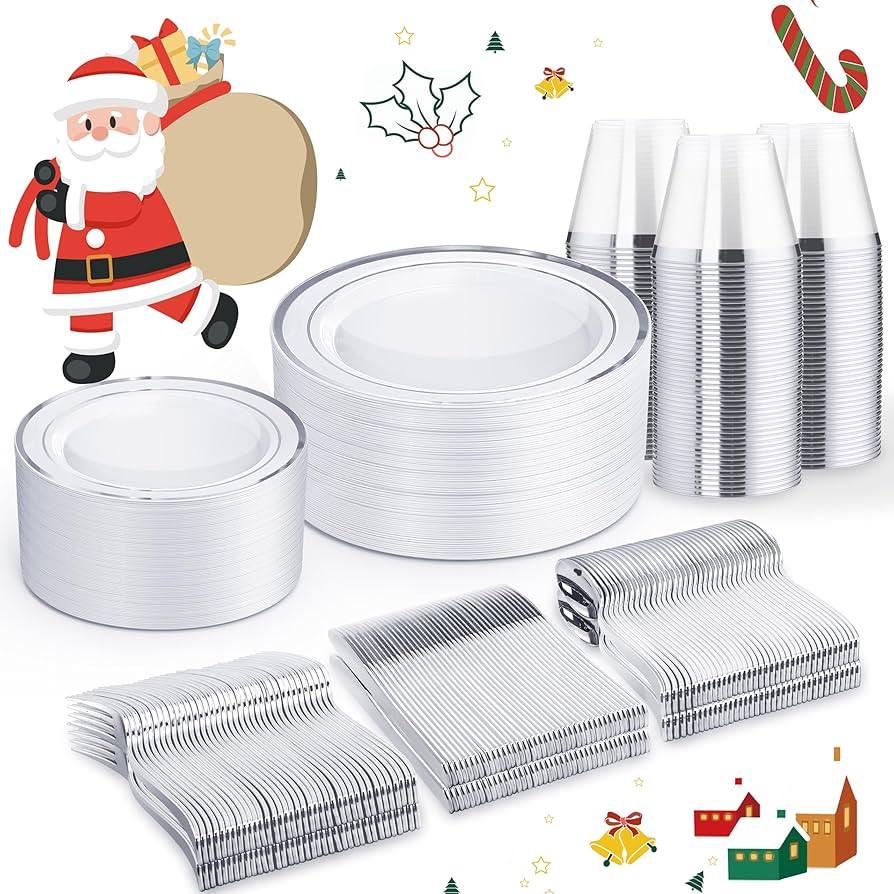 WELLIFE 300 PCS Silver Dinnerware Set for 50 Guests, Silver Plastic Disposable Plates for Party, ... | Amazon (US)