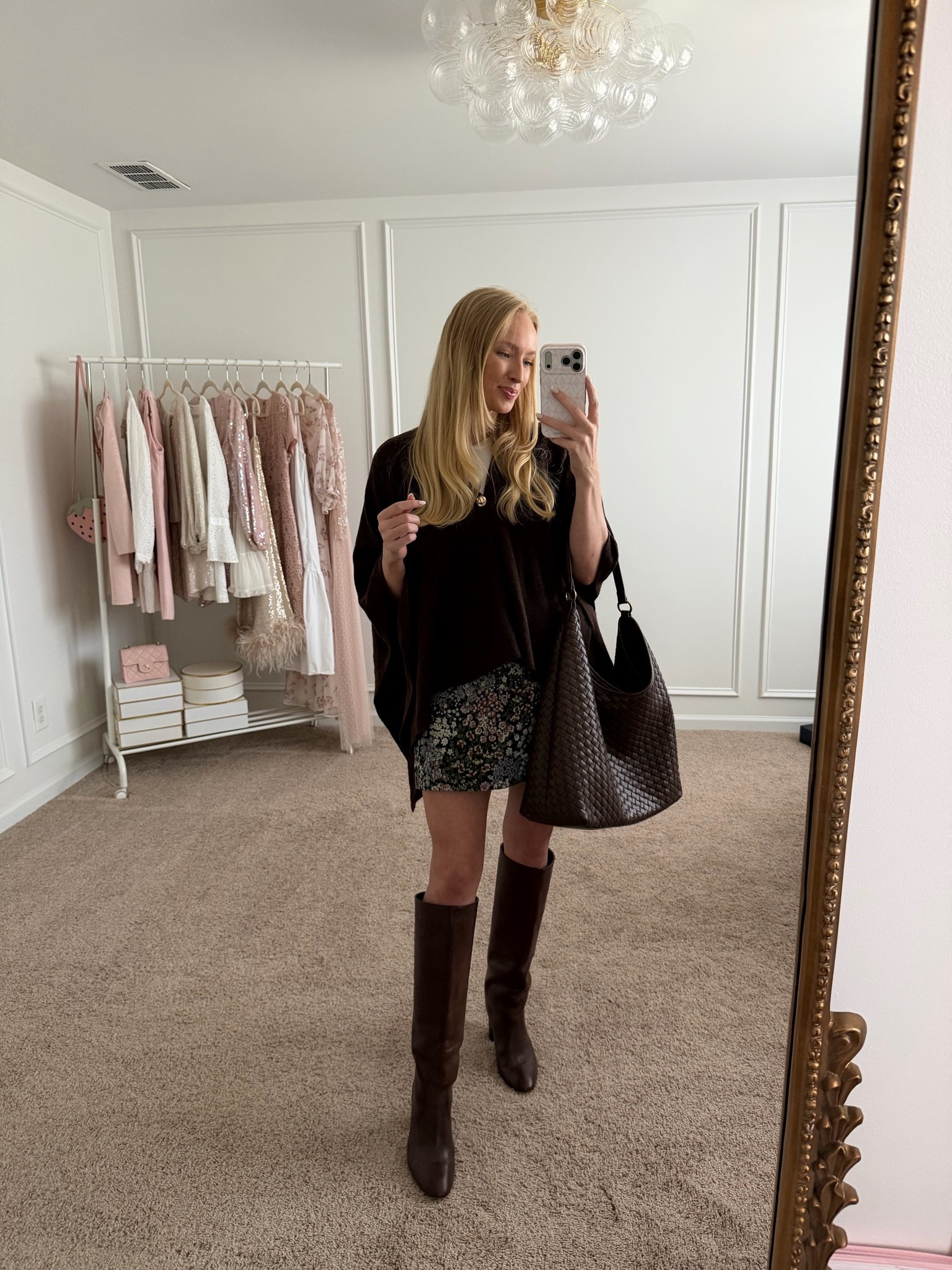 Cute fall date night outfit! And it’s super affordable from Walmart!! The skirt runs big I needed to size down to a 2 and I’m usually a size 4. 

Fall date night outfit // fall skirt // poncho // knee high boots