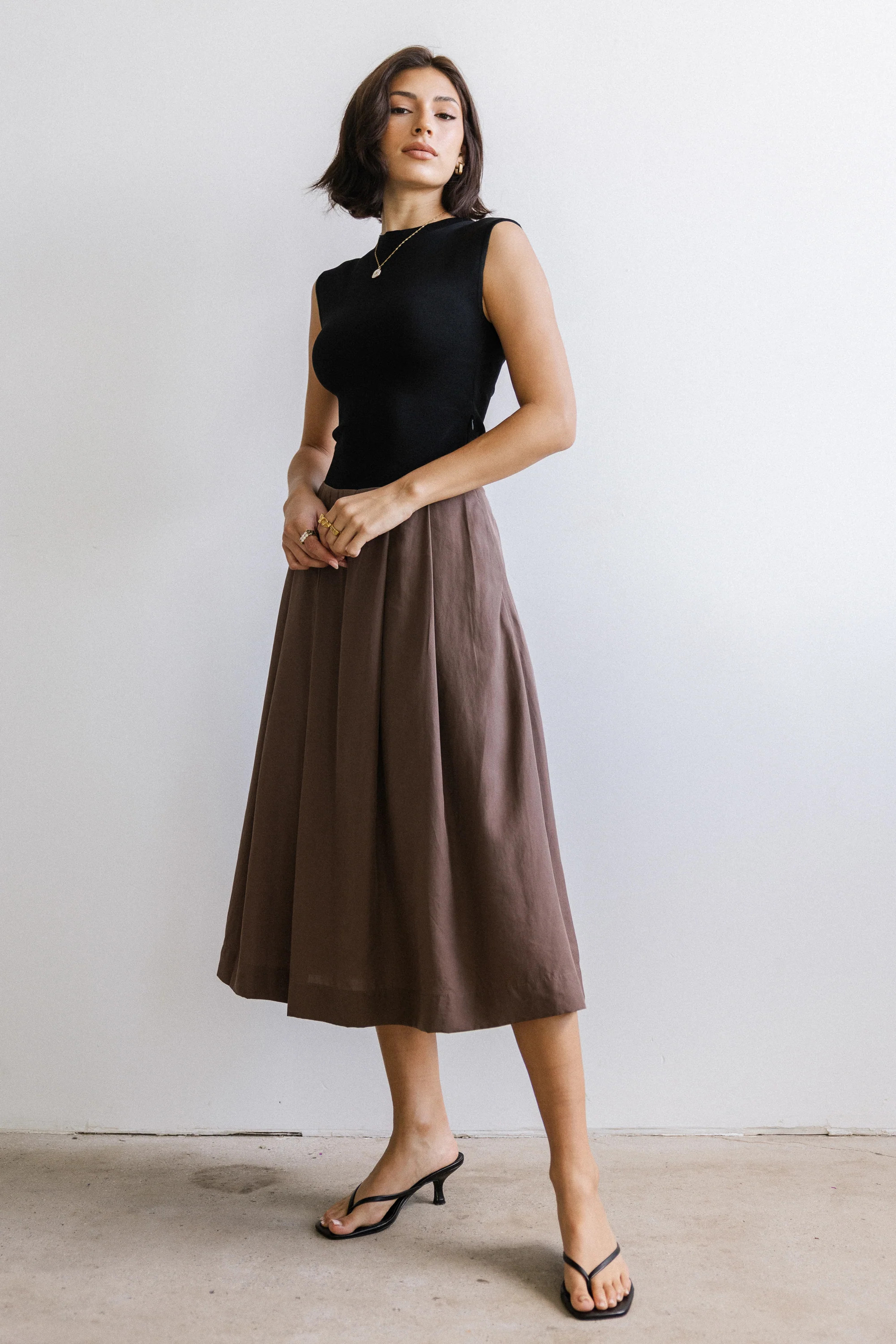 Tristan Mixed Media Midi Dress in Brown | Böhme US