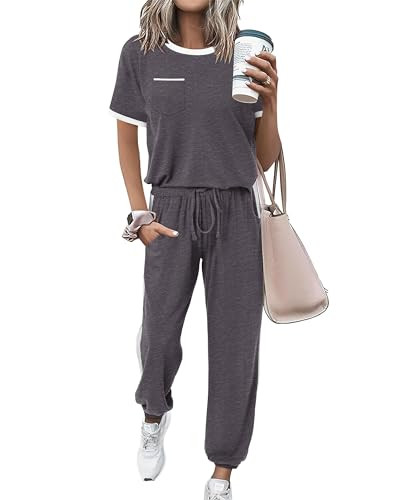 Amkoyam Women's Two Piece Outfits 2025 Summer Short Sleeve Tops With Drawstring Long Pants Tracks... | Amazon (US)