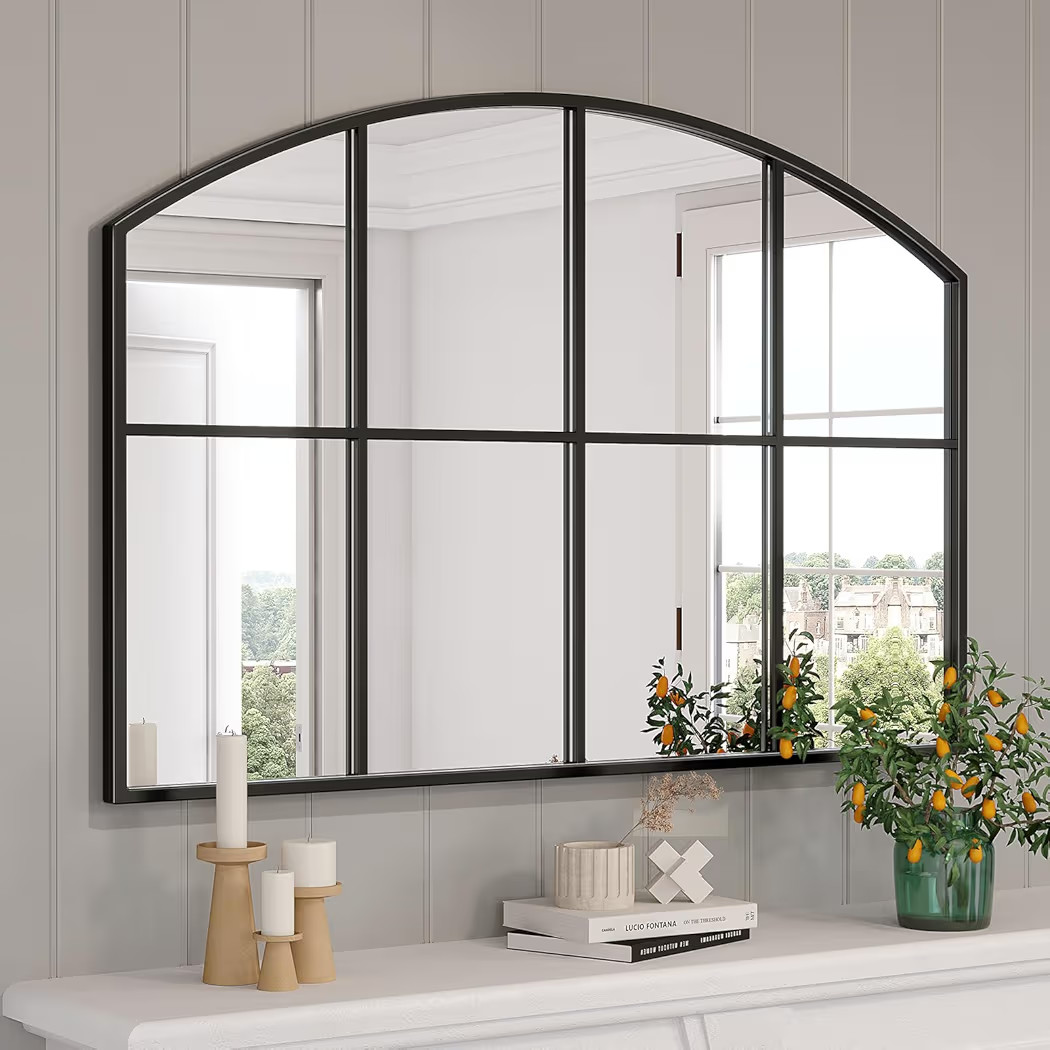 Wide Window Pane Mirror, 42" x 28" Black Arched Mirrors for Wall, Grid Wall Mirror Decorative Large Mirrors for Living Room Bedroom Farmhouse Fireplace Hallway Entryway | Amazon (US)