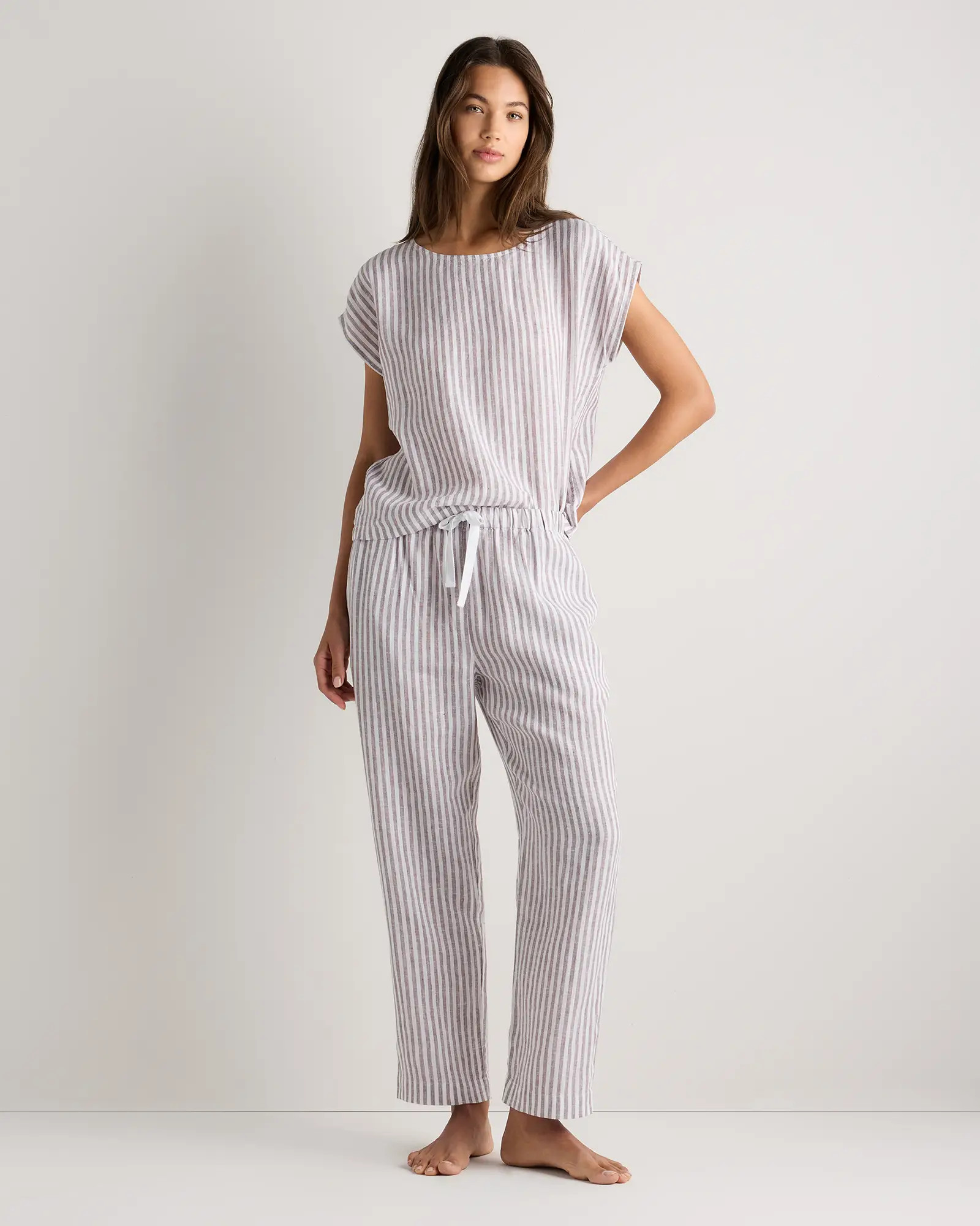 100% European Linen Pajama Set in Taupe Brown Mariner Stripe | Quince