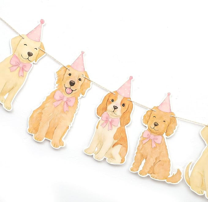 Dog Themed Birthday Party Banner, Golden Retriever Puppy Design with Pink Party Hats and Bows, 80... | Amazon (US)