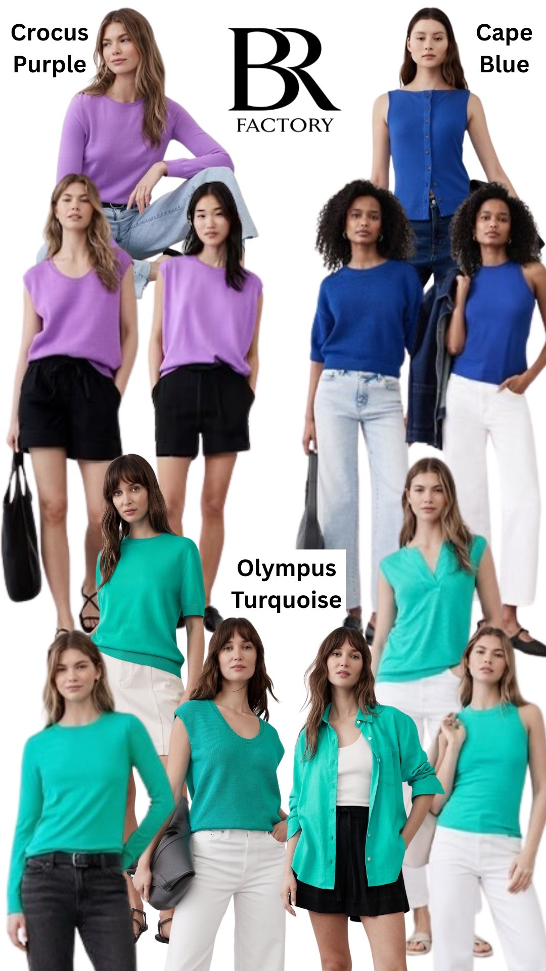 Verified Spring Colors at Banana Republic Factory 
Crocus Purple = Lighter Violet 
Cape Blue = Bright Periwinkle
Olympus Turquoise = Aquamarine 