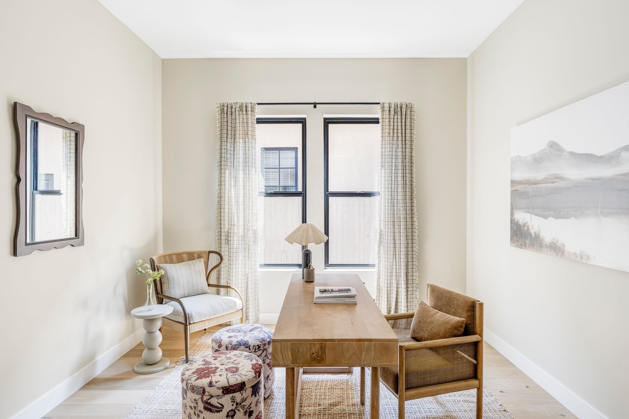 McGee and co inspired office with light wood desk, floral ottomans, cream striped chair and hand woven jute rug

Office, desk, ottoman, jute rug

#LTKHome