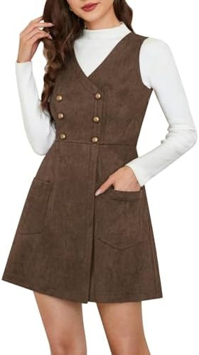 Belle Poque Women’s Vintage Suede Overall Dress with Pockets V Neck Pinafore Elastic Waist A-Li... | Amazon (US)