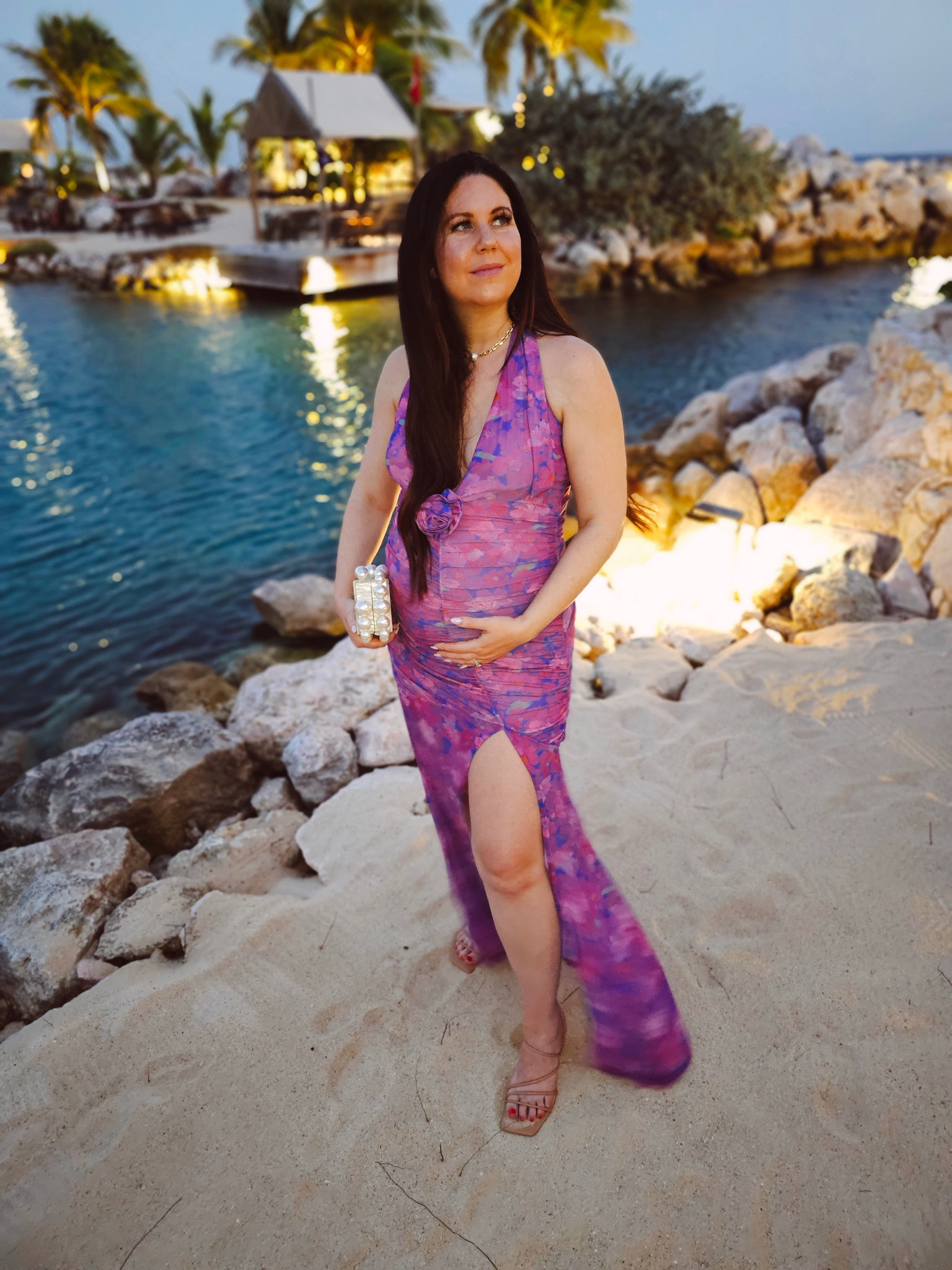 Babymoon outfit dress, maxi dress, purple floral dress with rosette, tan strappy sandals heels, maternity, bump friendly, pearl clutch bag

#LTKSeasonal #LTKtravel #LTKbump