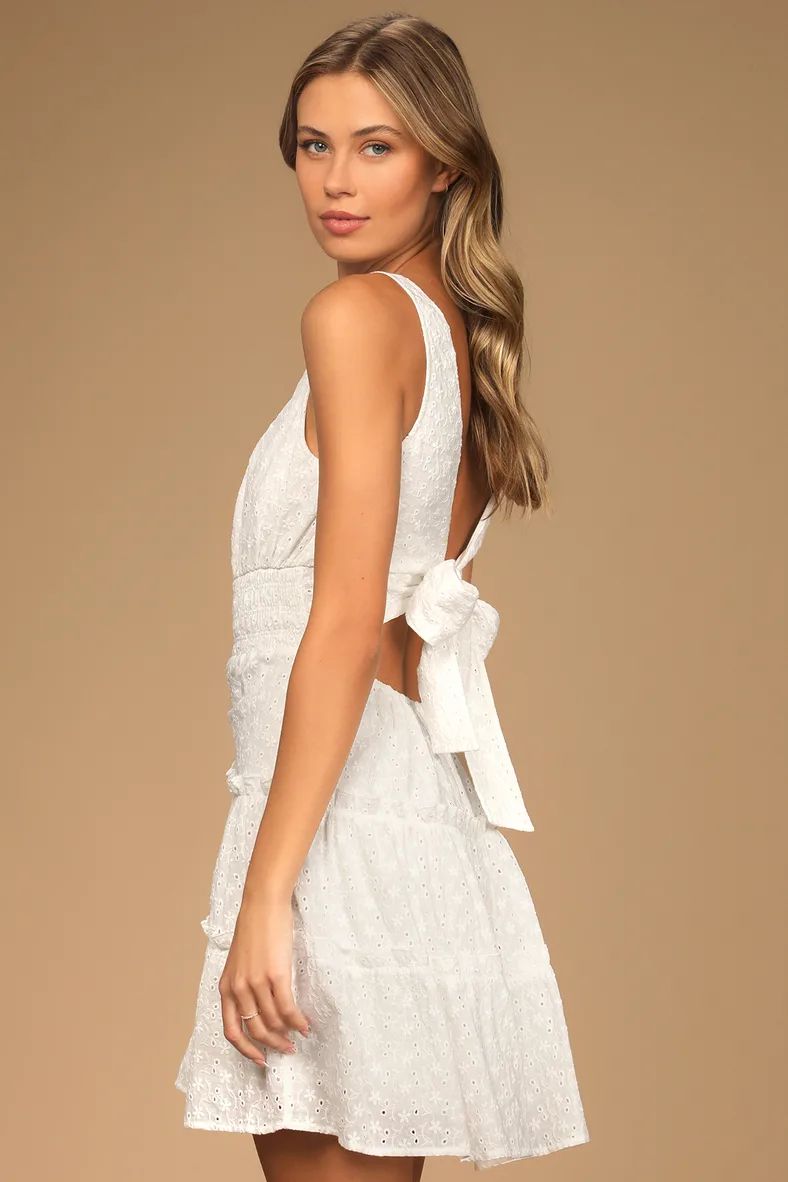 Taking it Easy White Eyelet Tie-Back Tiered Mini Dress | Lulus (US)