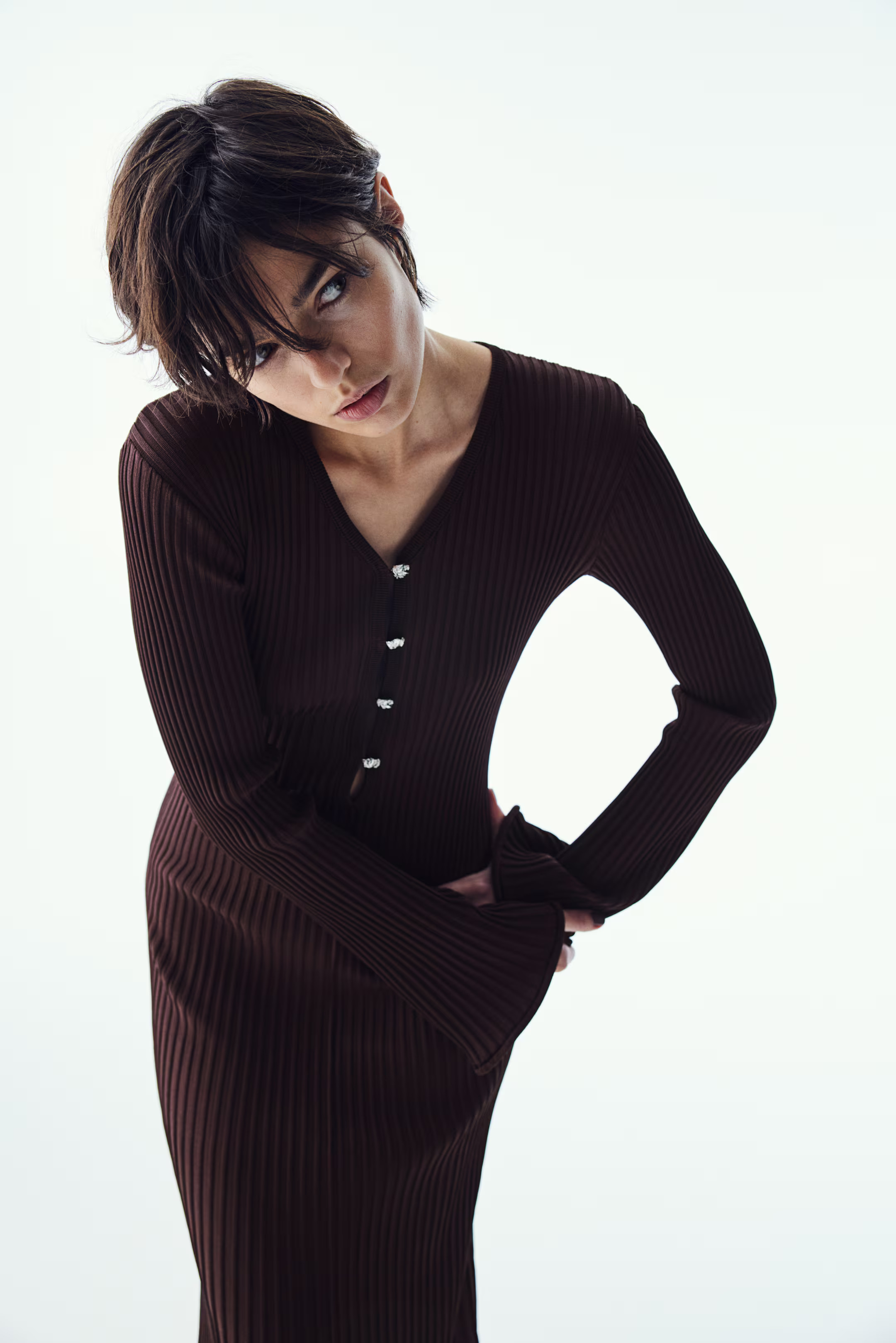 Flared-skirt rib-knit dress - Dark brown - Ladies | H&M GB | H&M (UK, MY, IN, SG, PH, TW, HK)