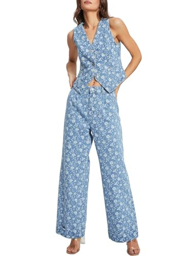 Amazon.com: SCOFEEL Womens 2 Piece Denim Set Button Sleeveless Jean Vest Pants Sets Y2k Waistcoat... | Amazon (US)