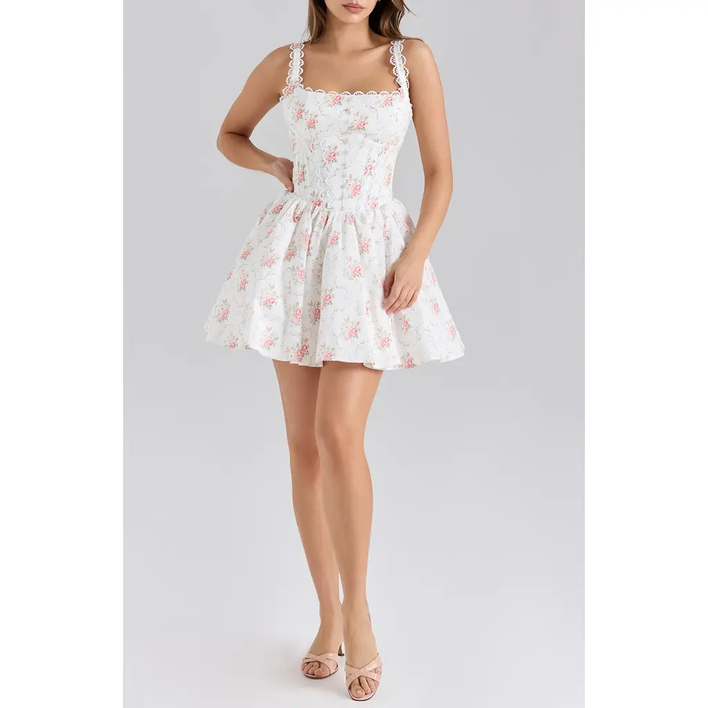 HOUSE OF CB Sade Floral Print Minidress in Cream Rose at Nordstrom, Size Medium | Nordstrom