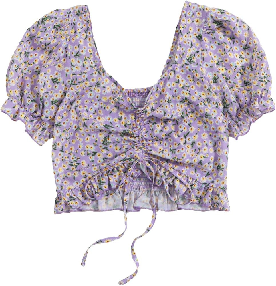 SweatyRocks Women's Floral Puff Short Sleeve Summer Square Neck Crop Blouse Tops | Amazon (US)