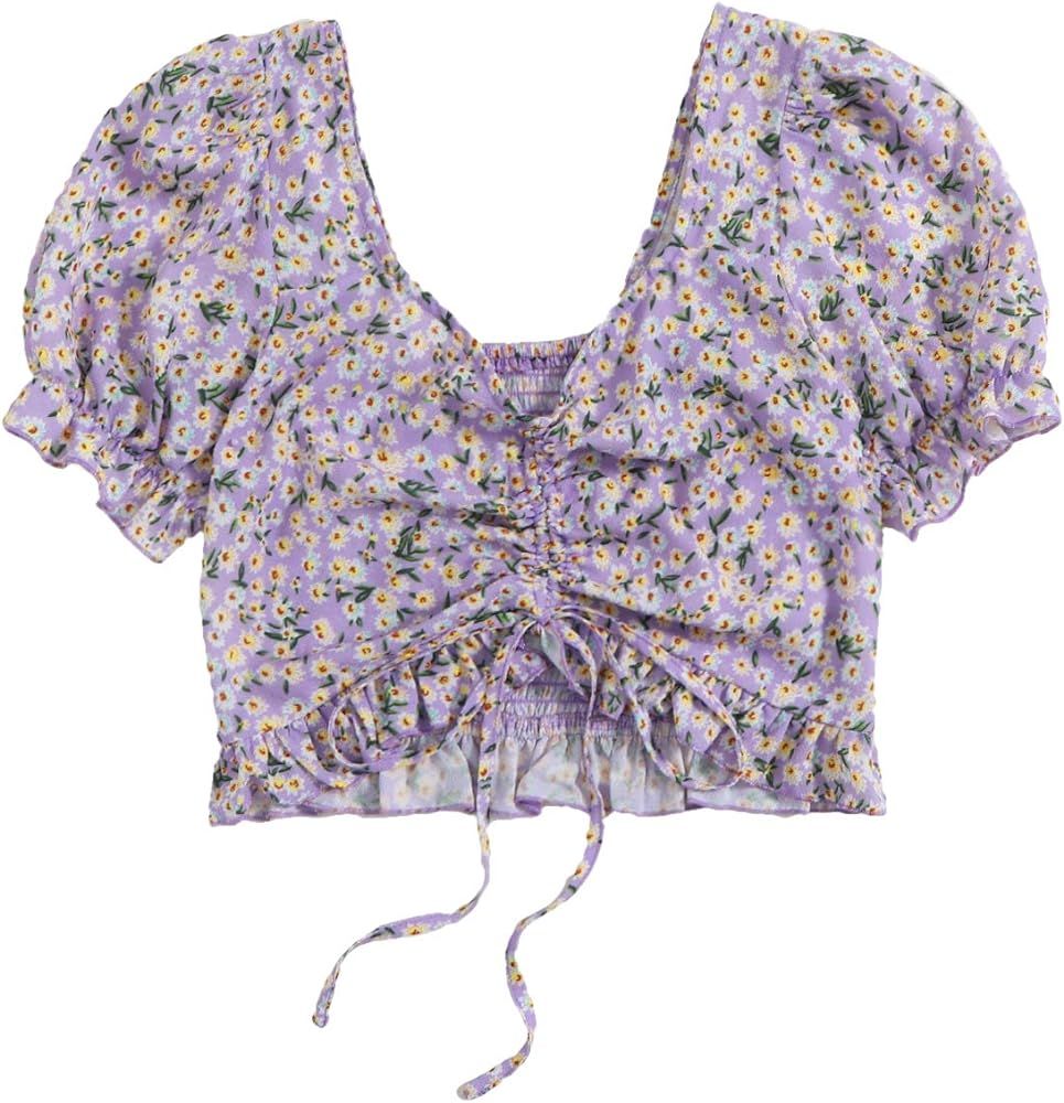 SweatyRocks Women's Floral Puff Short Sleeve Summer Square Neck Crop Blouse Tops | Amazon (US)