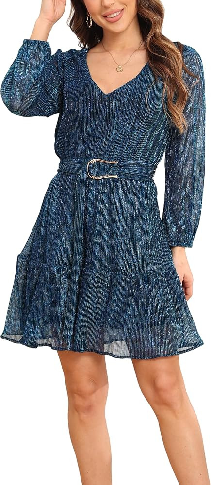 Woman Shiny Threads Dress Long Sleeve Lined with Belt V Neck Mini Pleated Dress | Amazon (US)