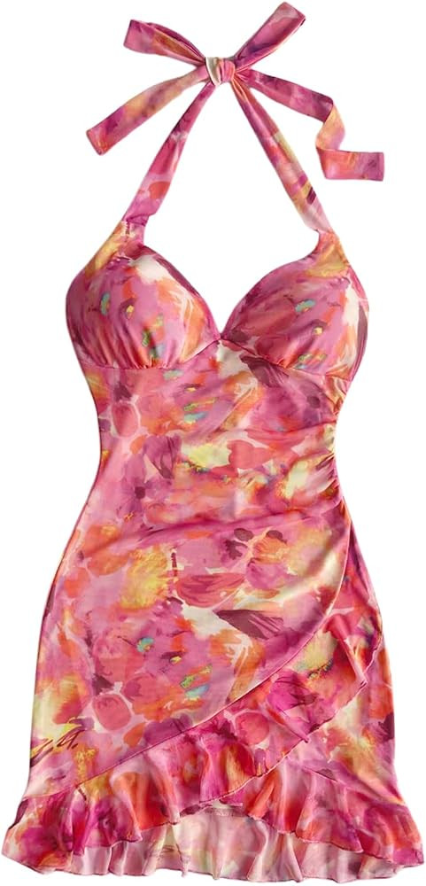WDIRARA Women's Tie Dye Sleeveless Halter Mini Dress Ruffle Backless Bodycon Dress | Amazon (US)
