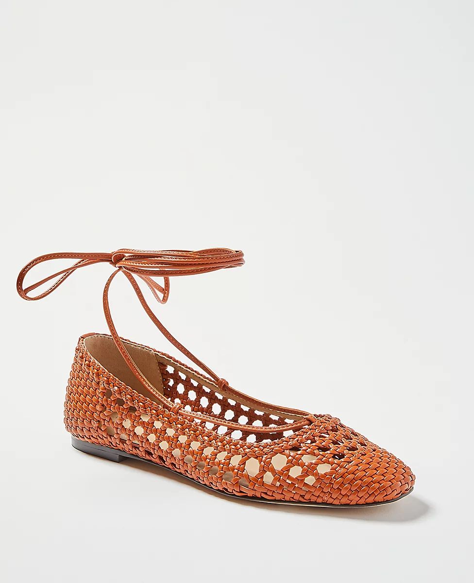 Lydia Woven Leather Ankle Wrap Flats | Ann Taylor (US)