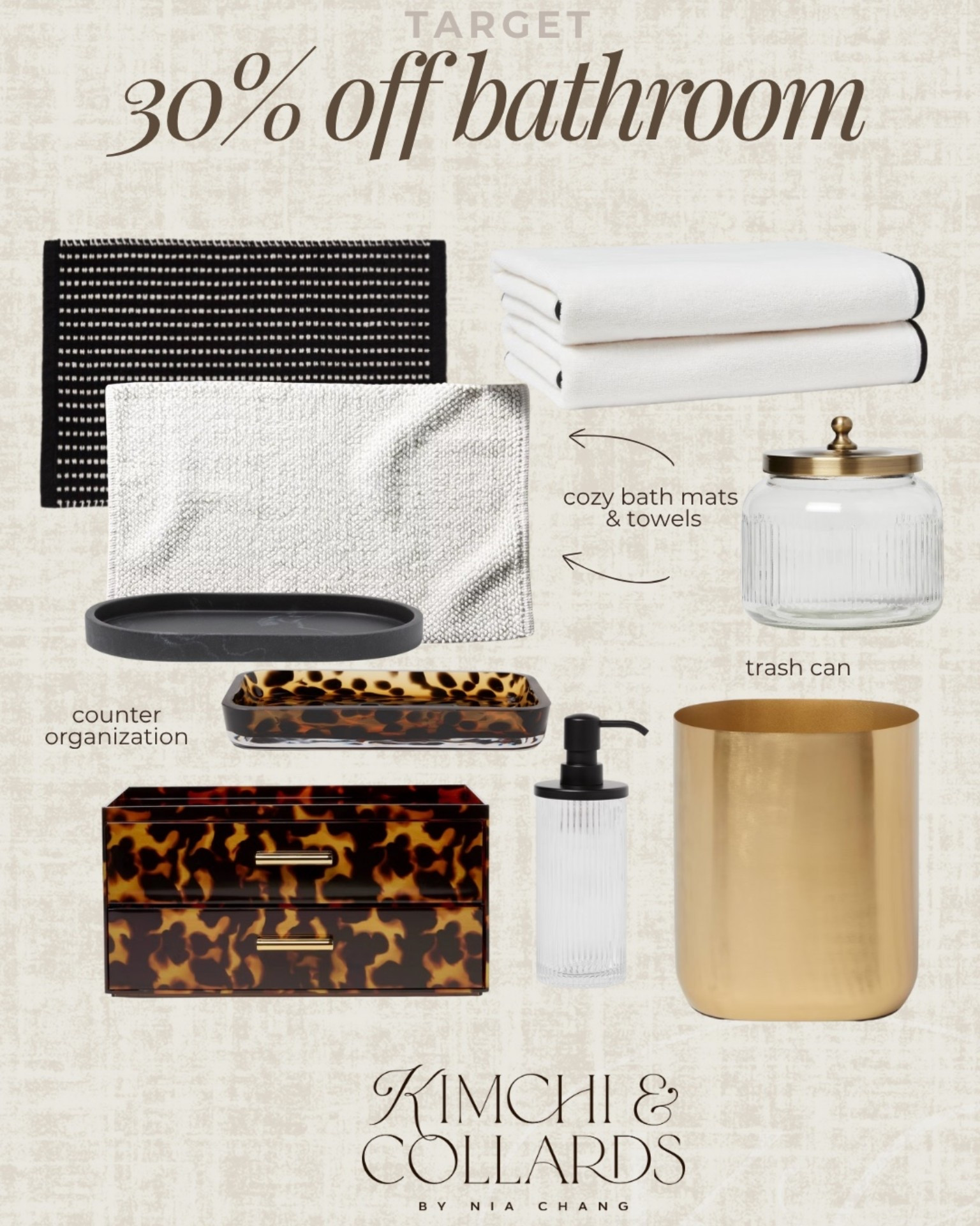 30% off bathroom finds from Target. I love the tortoise paired with black, white and gold  

#LTKSaleAlert #LTKFindsUnder100 #LTKHome
