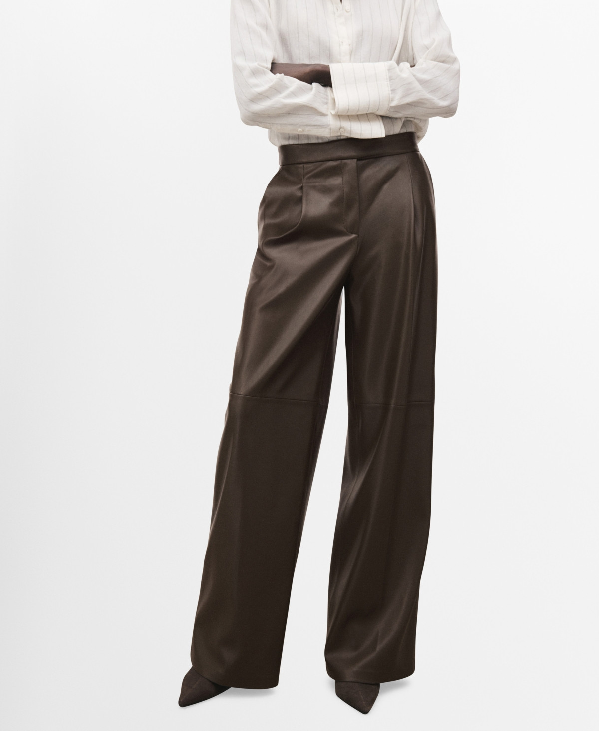 Mango Women's Leather-Effect Wide-Leg Pants - Khaki | Macy's