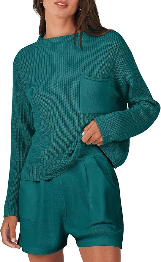 ANRABESS Women Two Piece Outfits Sweater Sets Knit Pullover Long Sleeves Tops and Shorts Sweatsui... | Amazon (US)