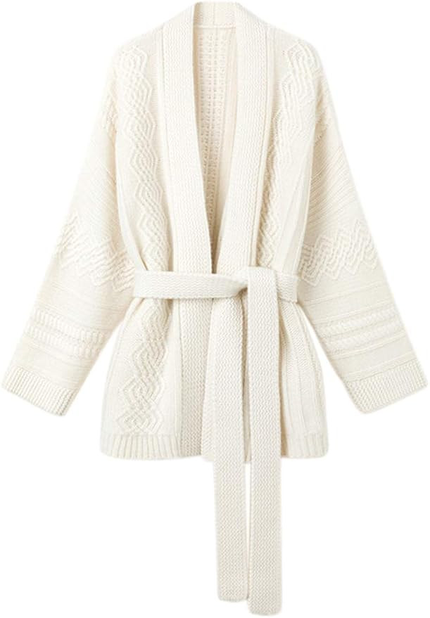 Mid-Length Merino Wool Blend Open Cardigan Long Sleeve Cable Knitted Sweater for Women | Amazon (US)
