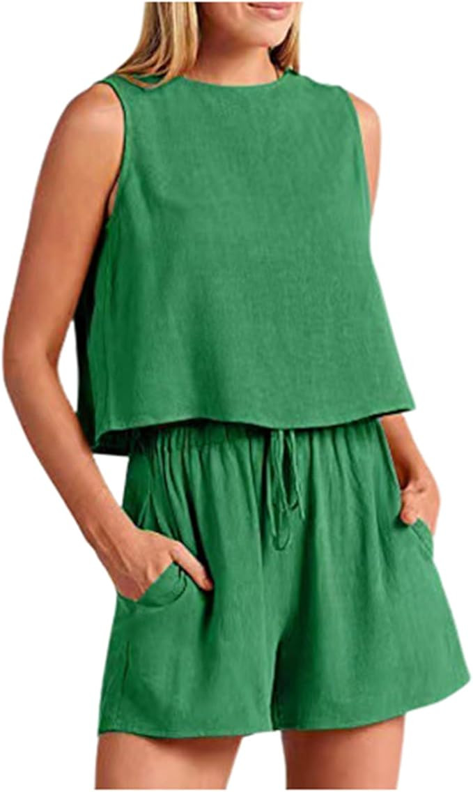 JiXiang Beach Outfits For Women Two Piece Sets Summer Casual Trendy Shorts Matching Sets Sleevele... | Amazon (US)