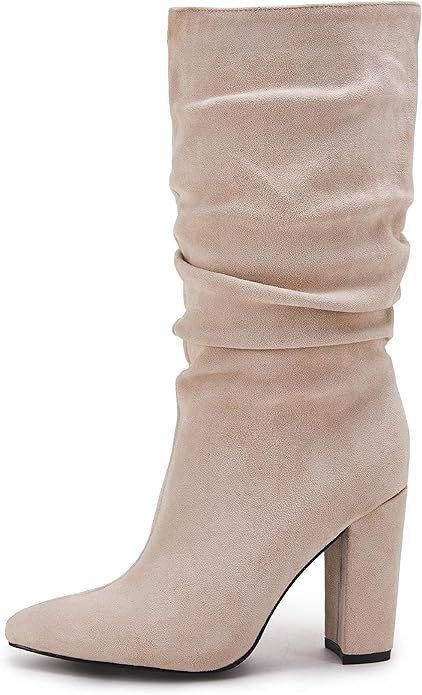 Womens Winter Slouchy High Heel Boots Mid Calf Suede Slip on Chunky Block Pointed Toe Boots | Amazon (US)