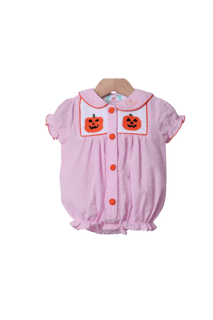 Smocked Jack O Lantern Pink Seersucker Bubble | The Smocked Flamingo